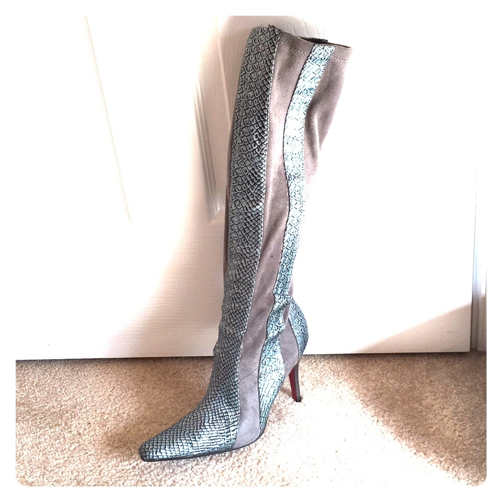 Scaled knee-high heeled boots